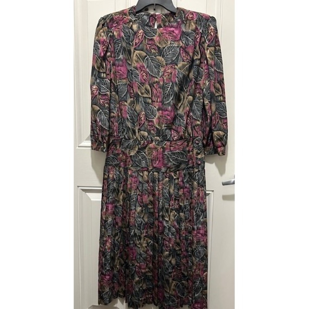 Vintage Alexis‎ Fashions Pink Black Drop Waist Pleated Midi Dress 80s Size Small
